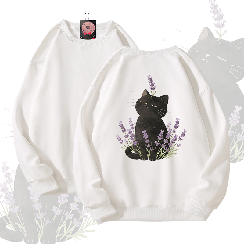 Modakawa Unisex-Sweatshirt mit Lavendel- und schwarzem Katzenmotiv - White - 5XL - image 4