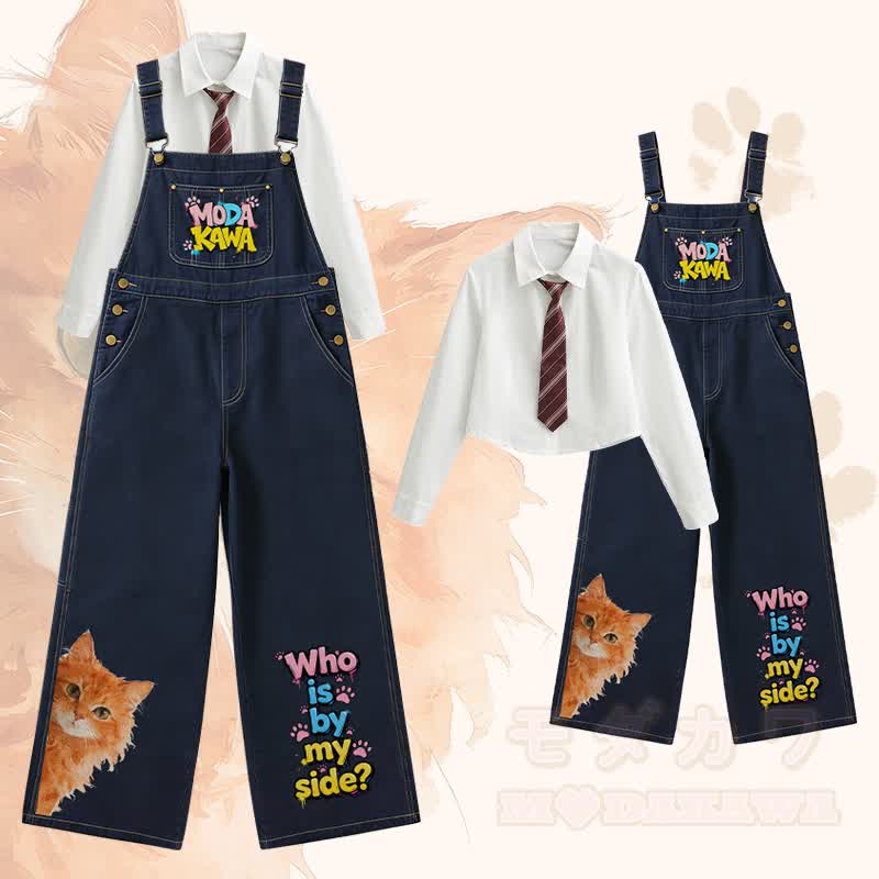 WER IST AN MEINER SEITE? Orangefarbenes kariertes Hemd mit Katzenmotiv, weit geschnittene Jeans-Latzhose, passendes Outfit von Modakawa - Satz C - XL - image 4