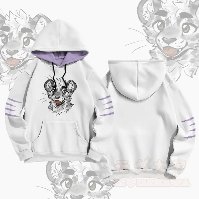 MODAKAWA X atka Pullover-Hoodie mit frechem Tigergesicht-Grafikprint - Weiß & Lila - 5XL - image 3