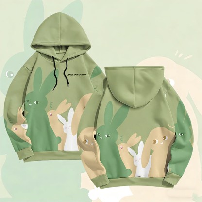 MODAKAWA Pullover-Hoodie mit pastellfarbenem Hasenmotiv und Allover-Print - Green - 6XL - image 3