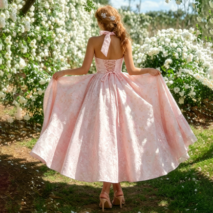 Jacquardkleid mit V-Ausschnitt und Neckholder - image 2