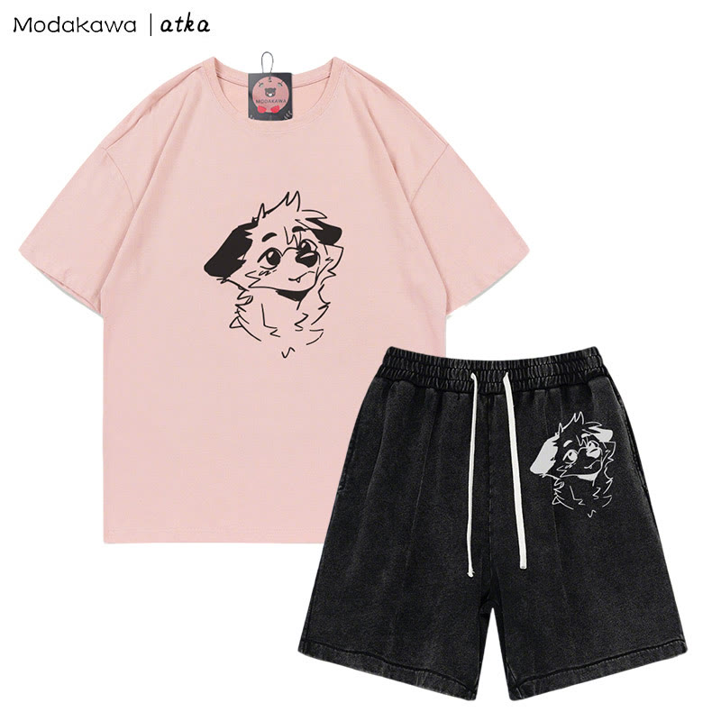 MODAKAWA X atka T-Shirt mit Anticipating Fox-Grafik und verwaschenen Vintage-Shorts, zweiteiliges Set - Pink&Black - 3XL - image 10