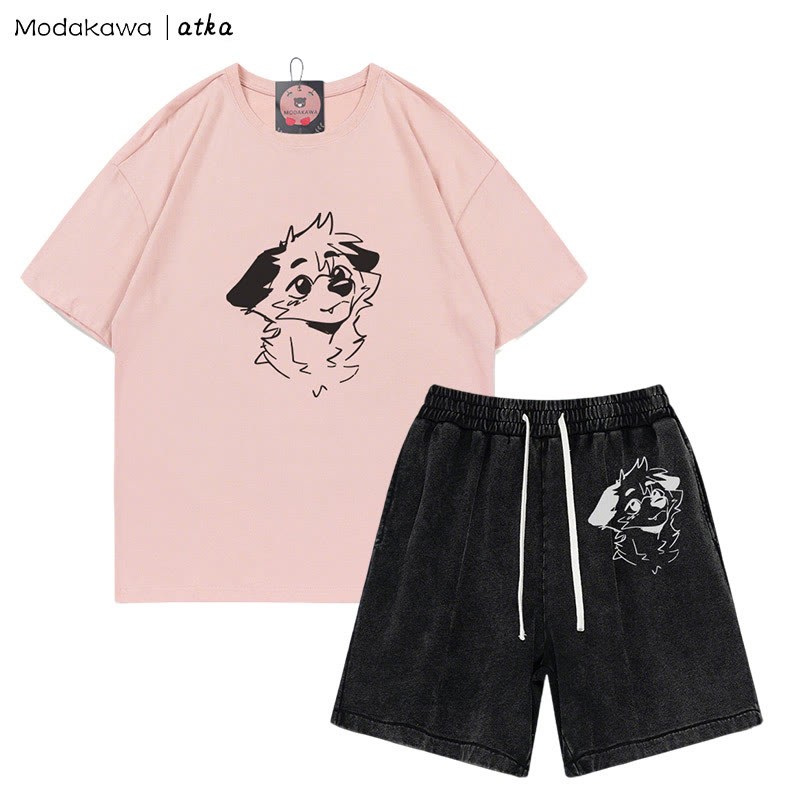 MODAKAWA X atka T-Shirt mit Anticipating Fox-Grafik und verwaschenen Vintage-Shorts, zweiteiliges Set - Pink&Black - 3XL - image 10