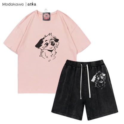 MODAKAWA X atka T-Shirt mit Anticipating Fox-Grafik und verwaschenen Vintage-Shorts, zweiteiliges Set - Pink&Black - 3XL - image 10