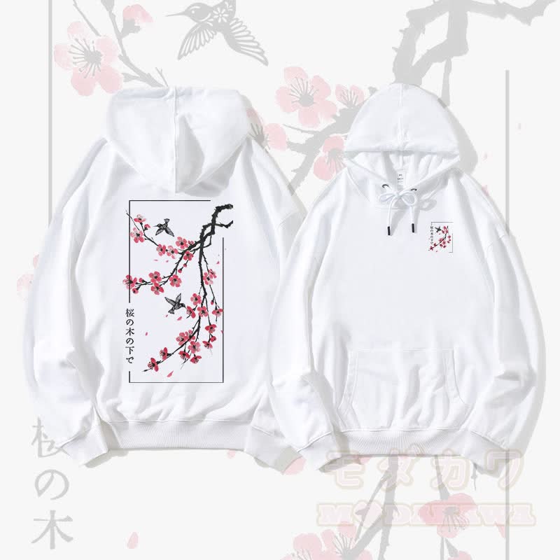 MODAKAWA Streetwear-Pullover-Hoodie mit Kirschblüten- und Vogelmotiv - Weiß - 5XL - image 3