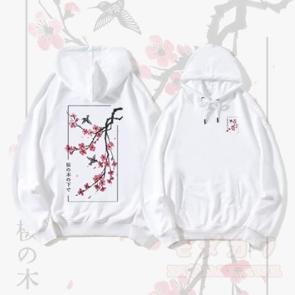 MODAKAWA Streetwear-Pullover-Hoodie mit Kirschblüten- und Vogelmotiv - Weiß - 5XL - image 3