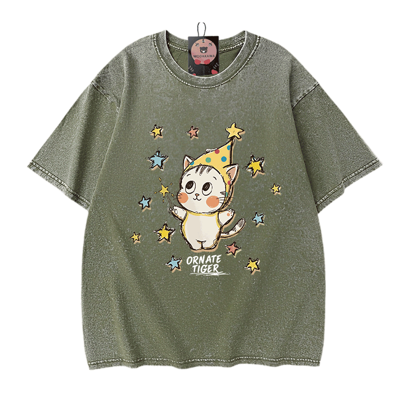 Verzierter Tiger, Stern-Tiger-Grafik, Modakawa Unisex Vintage Washed T-Shirt - Green - 5XL - image 10