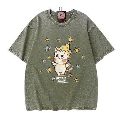 Verzierter Tiger, Stern-Tiger-Grafik, Modakawa Unisex Vintage Washed T-Shirt - Green - 5XL - image 10