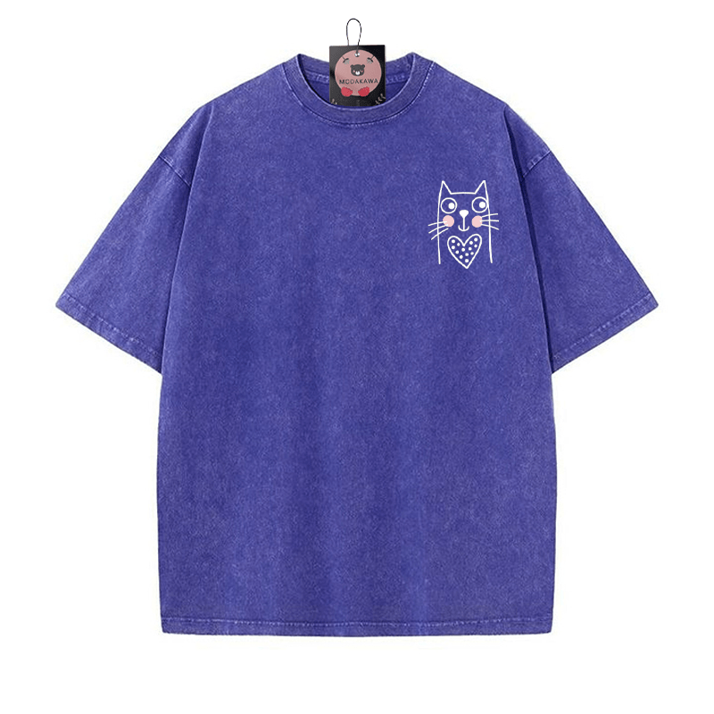 T-Shirt im Vintage-Waschungsdesign mit Kätzchen-Print - Blau - 5XL - image 3