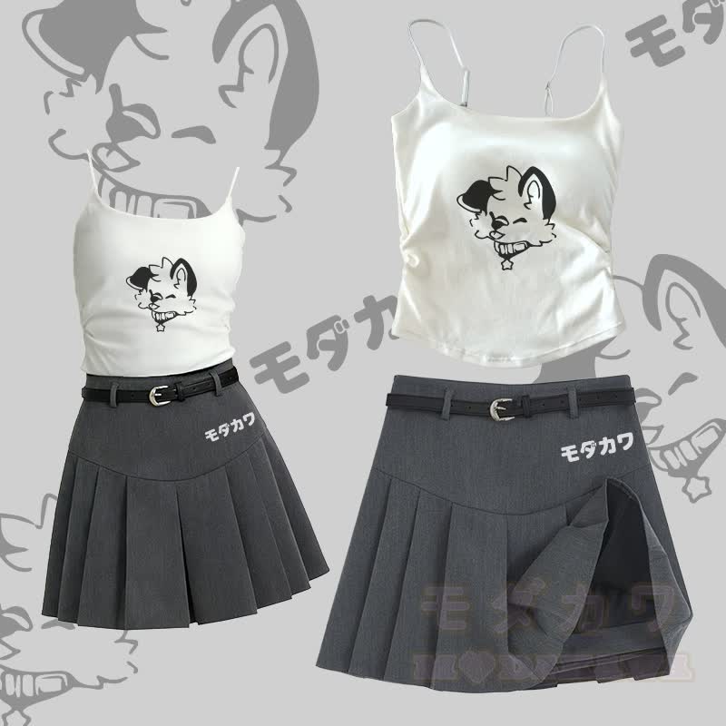 MODAKAWA X atka Lustiges Fuchs-Grafik-Camisole, Gürtel, Faltenrock, zweiteiliges Set - Satz C - L - image 3