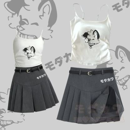 MODAKAWA X atka Lustiges Fuchs-Grafik-Camisole, Gürtel, Faltenrock, zweiteiliges Set - Satz C - L - image 3