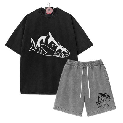 T-Shirt mit Goofy-Pupfish-Grafik und verwaschenen Vintage-Shorts, zweiteiliges Set - Black&Grey - 3XL - image 6