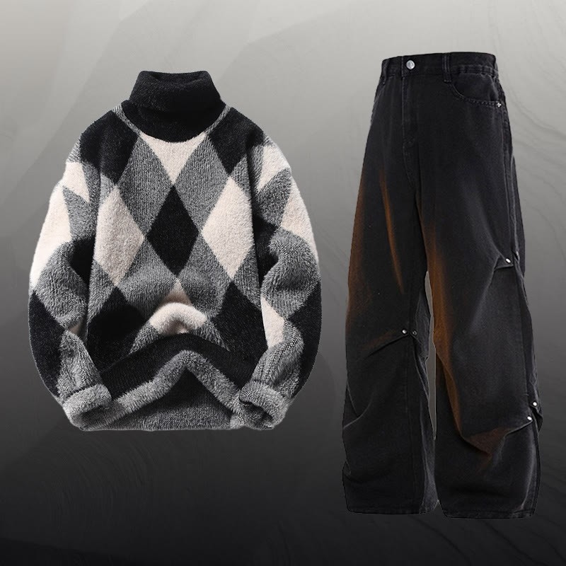 Zweiteiler aus kariertem, flauschigem Strickpullover und Jeans - Set F - 3XL - image 6