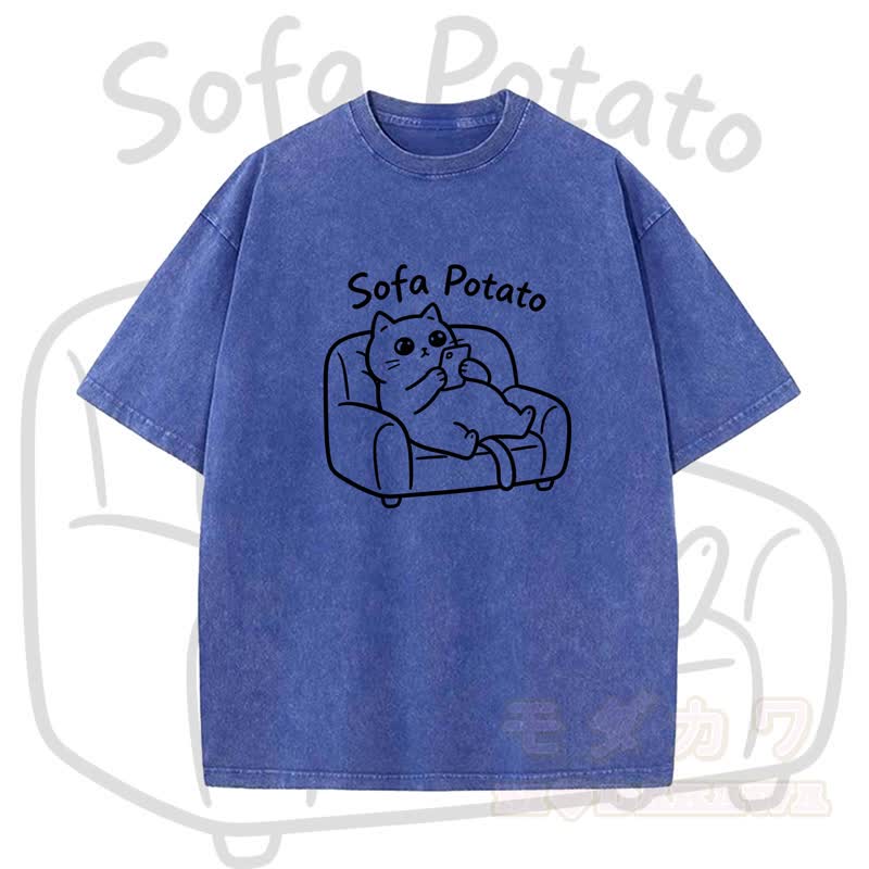MODAKAWA SOFA POTATO Katzenmotiv Vintage Washed T-Shirt - Blau - 5XL - image 7