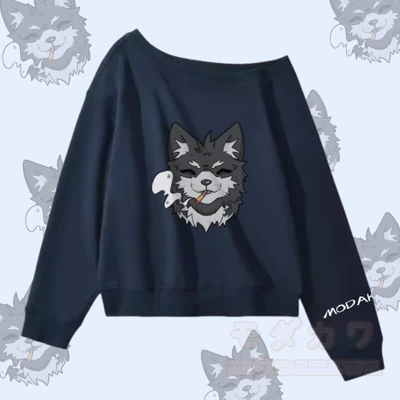 MODAKAWA Smoking Puppy Grafik Off Shoulder Sweatshirt - Purpurblau - L - image 4