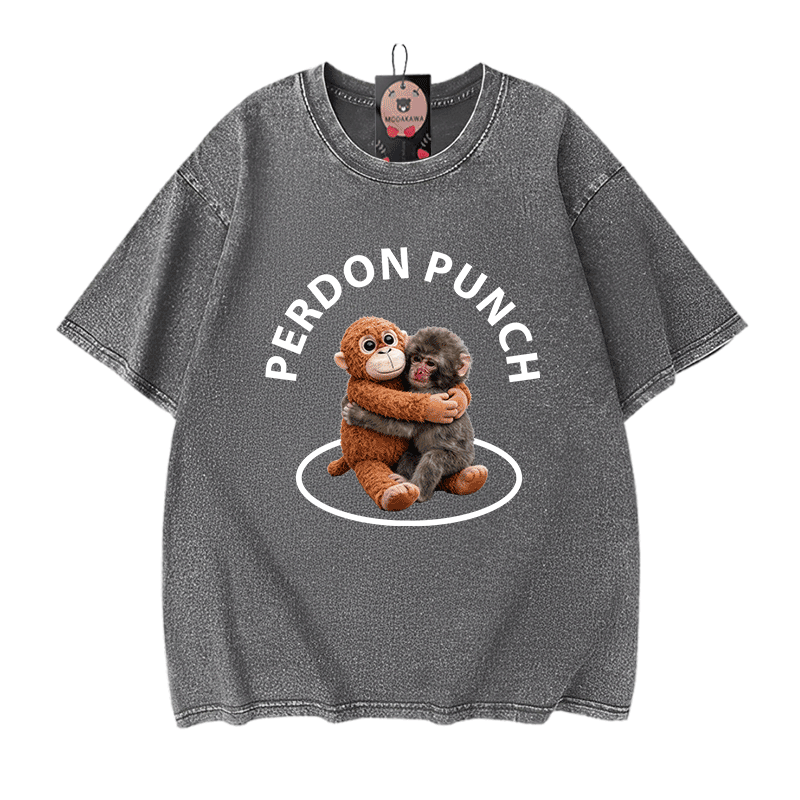 PERDON PUNCH Umarmungsaffen-Grafik Modakawa Unisex Vintage Washed T-Shirt - Grey - 5XL - image 7