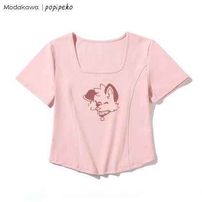 T-Shirt mit quadratischem Ausschnitt und Welpen-Grafik - Rosa - One Size - image 3