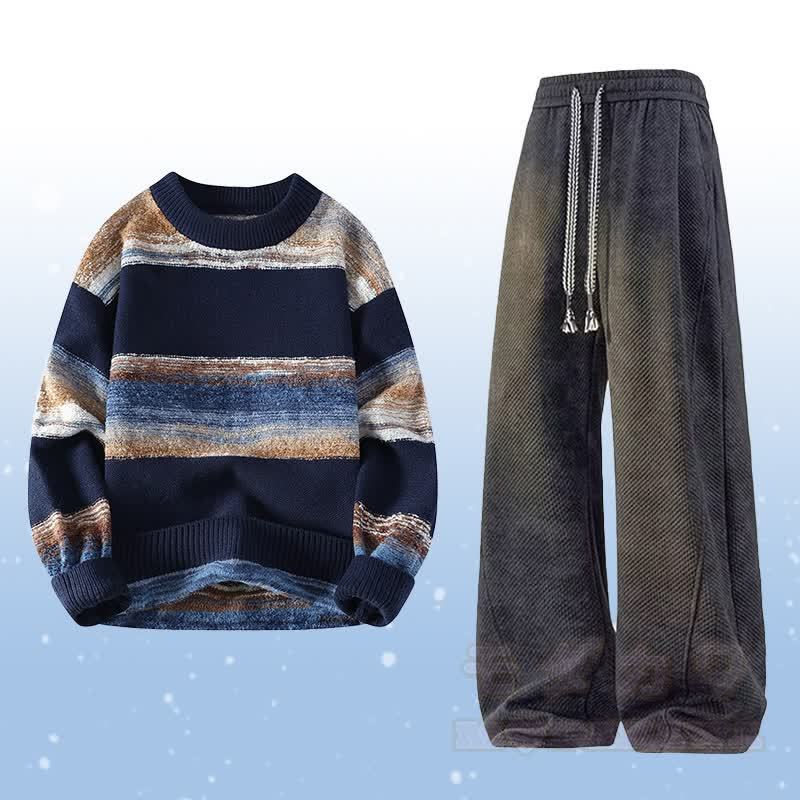 Zweiteiliges Set: Gestreifter Strickpullover und fleecegefütterte Hose - Satz D - 4XL - image 4