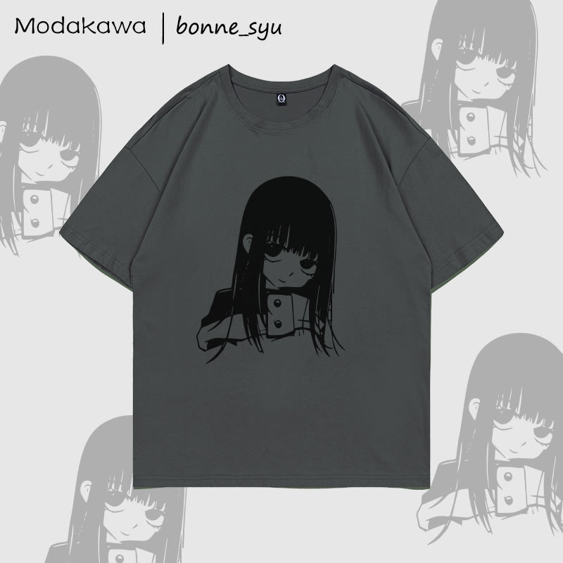 MODAKAWA X bonne_syu Niedliches Anime-Mädchen-Grafik-T-Shirt - Dark Grey - 5XL - image 4