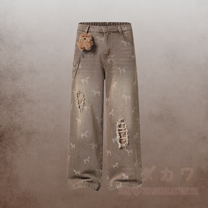 Krawatte mit Welpenstickerei, kariertes Hemd, 3D-Bärenkette, zerrissene Jeans, Modakawa-Partnerlook - Braune Hose - XL - image 7