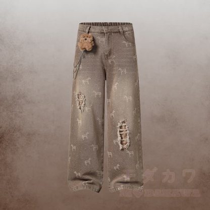 Krawatte mit Welpenstickerei, kariertes Hemd, 3D-Bärenkette, zerrissene Jeans, Modakawa-Partnerlook - Braune Hose - XL - image 7