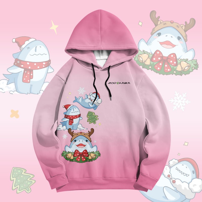 MODAKAWA Pullover-Hoodie mit Farbverlauf und Weihnachtshai-Grafik-Allover-Print - Pink - 6XL - image 3