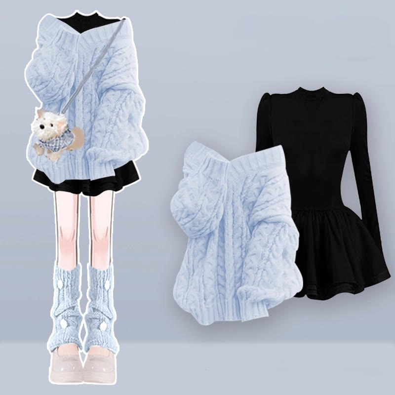 Strickpullover, schwarzes Kleid, passendes Outfit - Blue Set - XL - image 4
