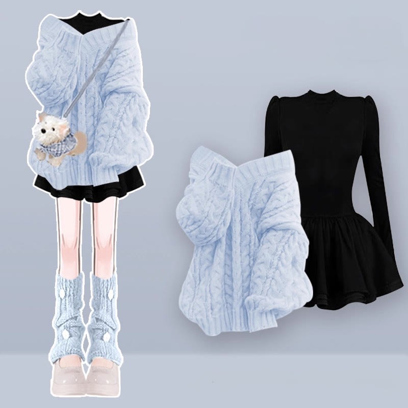 Strickpullover, schwarzes Kleid, passendes Outfit - Blue Set - XL - image 4