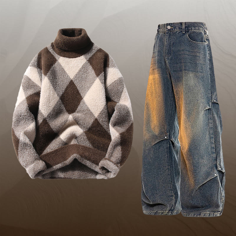 Zweiteiler aus kariertem, flauschigem Strickpullover und Jeans - Set B - 3XL - image 2