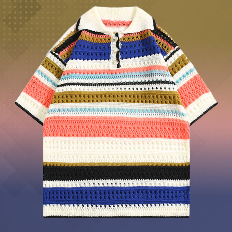 Gestreiftes Poloshirt aus offenem Strick, schnelltrocknende Cargoshorts mit Kordelzug, passendes Outfit von Modakawa - Multicolor Shirt (Single) - 2XL - image 6