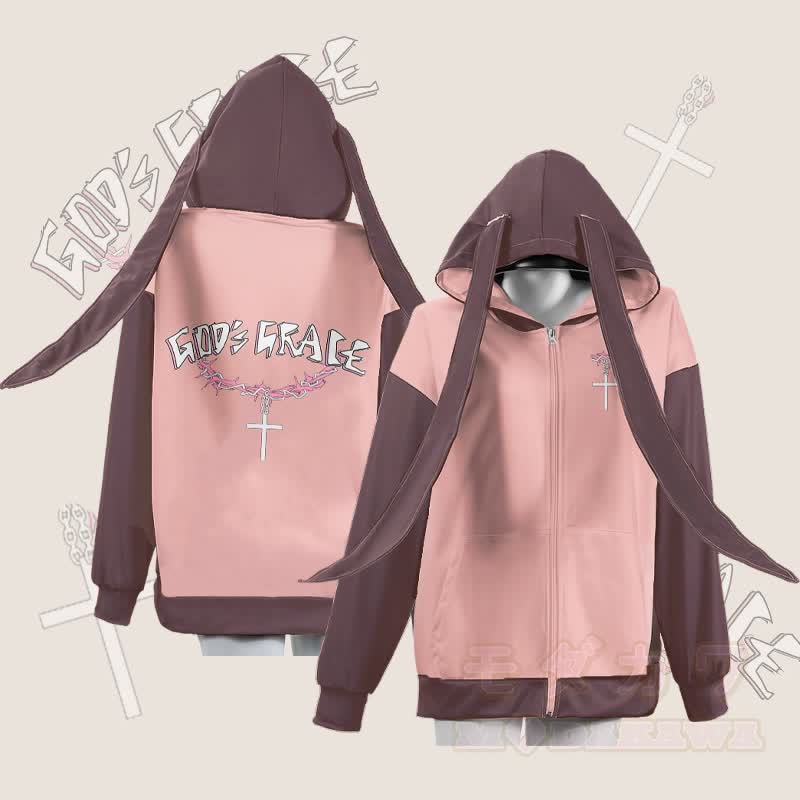 MODAKAWA GOD'S GRACE Hoodie mit Grafikprint, Reißverschluss und langen Hasenohren - Rosa - 4XL - image 3
