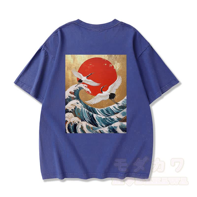 MODAKAWA Ocean Waves Grafik Vintage Washed 100% Baumwolle T-Shirt - Blau - 3XL - image 9