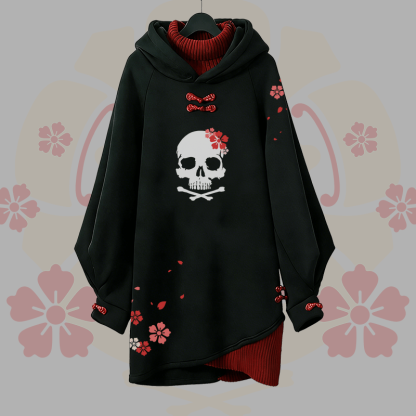 Sakura Totenkopf Grafik Schnalle Vintage Kapuzenpullover Kleid - Black - 3XL - image 2