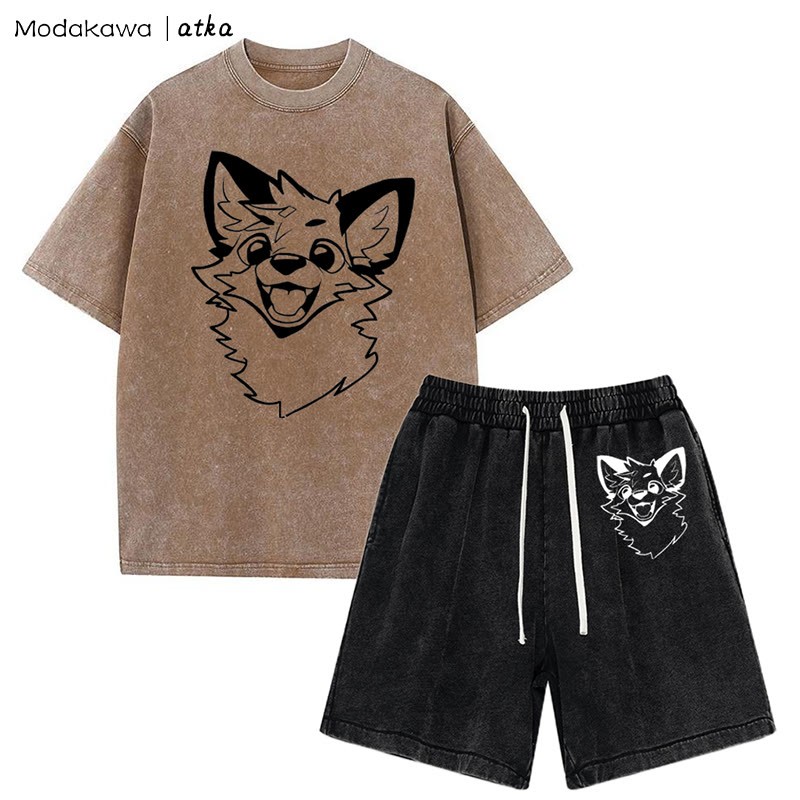 MODAKAWA X atka Fox T-Shirt Vintage Washed Shorts Zweiteiliges Set - Brown&Black - 3XL - image 14