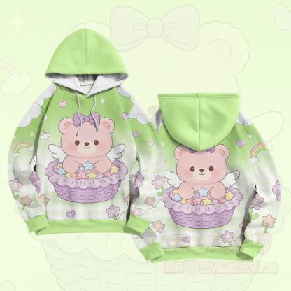 Modakawa Farben Block Pullover Hoodie mit Cake Bear Grafik - Grün - 6XL - image 4