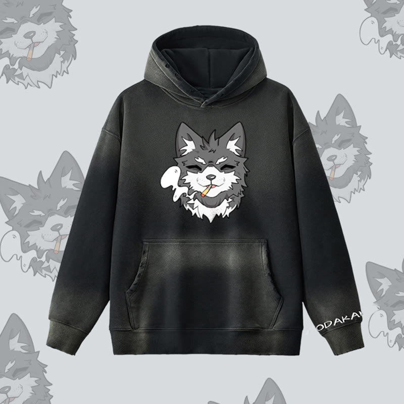 MODAKAWA Kapuzenpullover mit Raucherwelpen-Motiv, Vintage-Waschung, Fleece-Futter - Black - 2XL - image 6