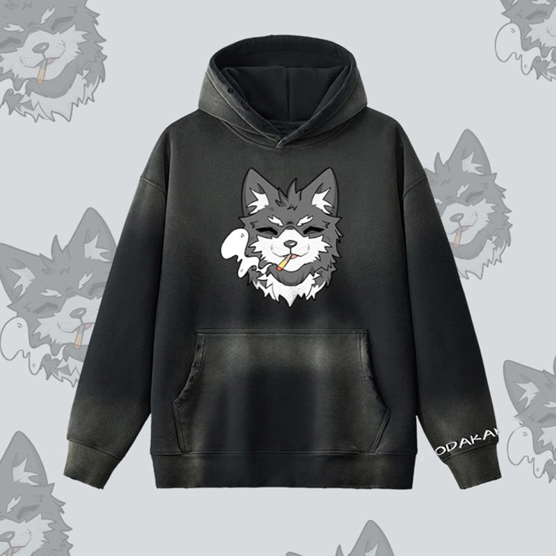 MODAKAWA Kapuzenpullover mit Raucherwelpen-Motiv, Vintage-Waschung, Fleece-Futter - Black - 2XL - image 6