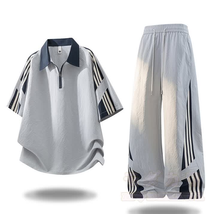 Sportliches zweiteiliges Set aus zweiteiligem Kurzarm-Top mit halbem Reißverschluss und Hose im Farben Block-Design. - Graues Set - 4XL - image 5