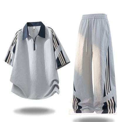 Sportliches zweiteiliges Set aus zweiteiligem Kurzarm-Top mit halbem Reißverschluss und Hose im Farben Block-Design. - Graues Set - 4XL - image 5