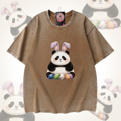 Modakawa Unisex Vintage Washed T-Shirt mit Ostereier-Panda-Motiv - Brown - 5XL - image 4