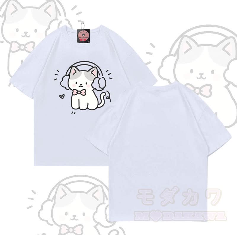 Modakawa T-Shirt mit Musikkatzen-Motiv aus 100 % Baumwolle - Weiß - 5XL - image 4