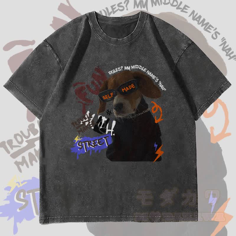 MODAKAWA Troublemaker Puppy Grafik Unisex Vintage Washed T-Shirt - Schwarz - 4XL - image 4