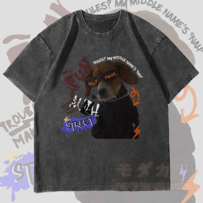 MODAKAWA Troublemaker Puppy Grafik Unisex Vintage Washed T-Shirt - Schwarz - 4XL - image 4