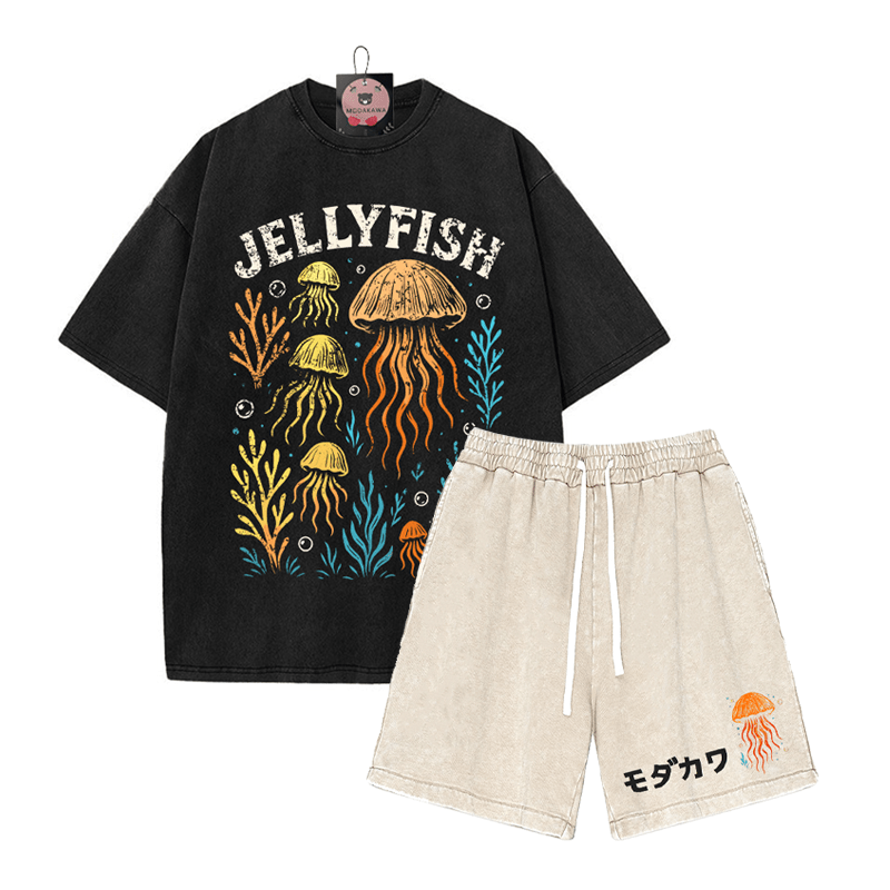 JELLYFISH T-Shirt Vintage Washed Shorts MODAKAWA Zweiteiliges Set - Black&Apricot - 3XL - image 9