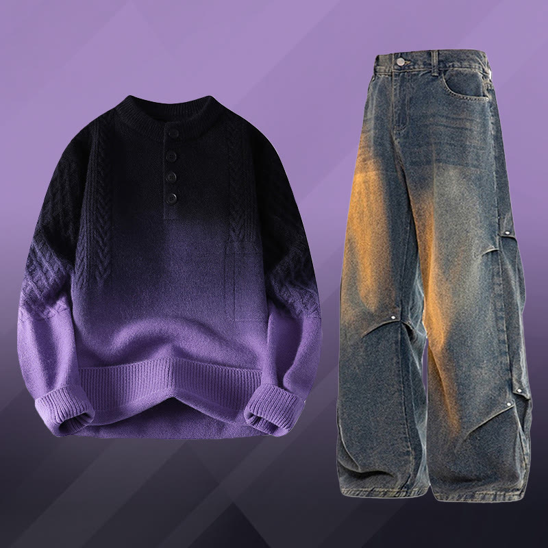 Zweiteiler: Farbverlauf-Zopfstrickpullover und Jeans - Set B - 3XL - image 2