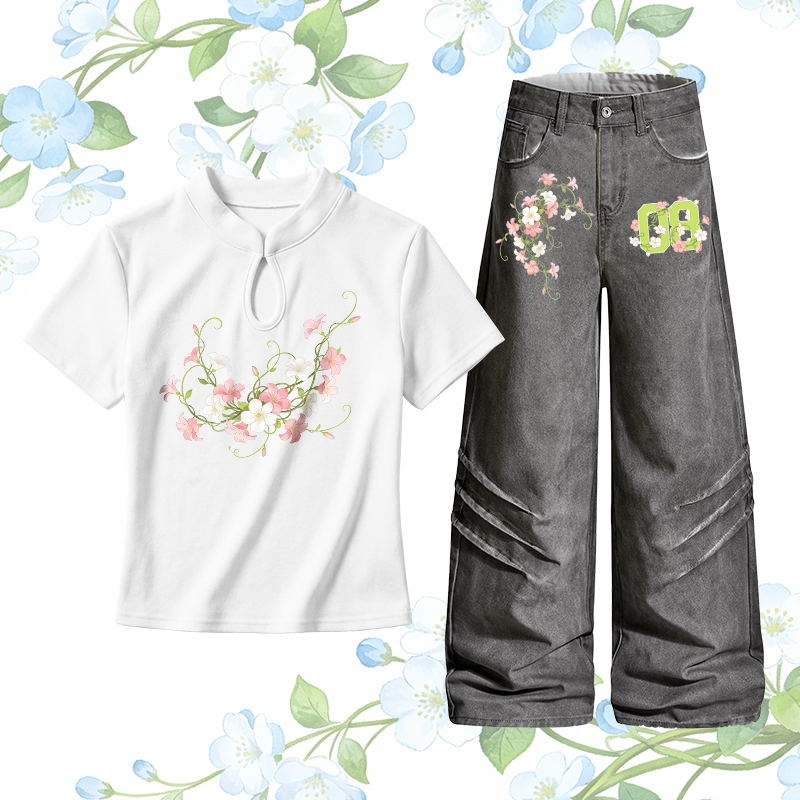 Zweiteiliges Set von Modakawa: T-Shirt mit Blumenmuster, Zahlengrafik, Schnalle, Jeans - Set B - L - image 2