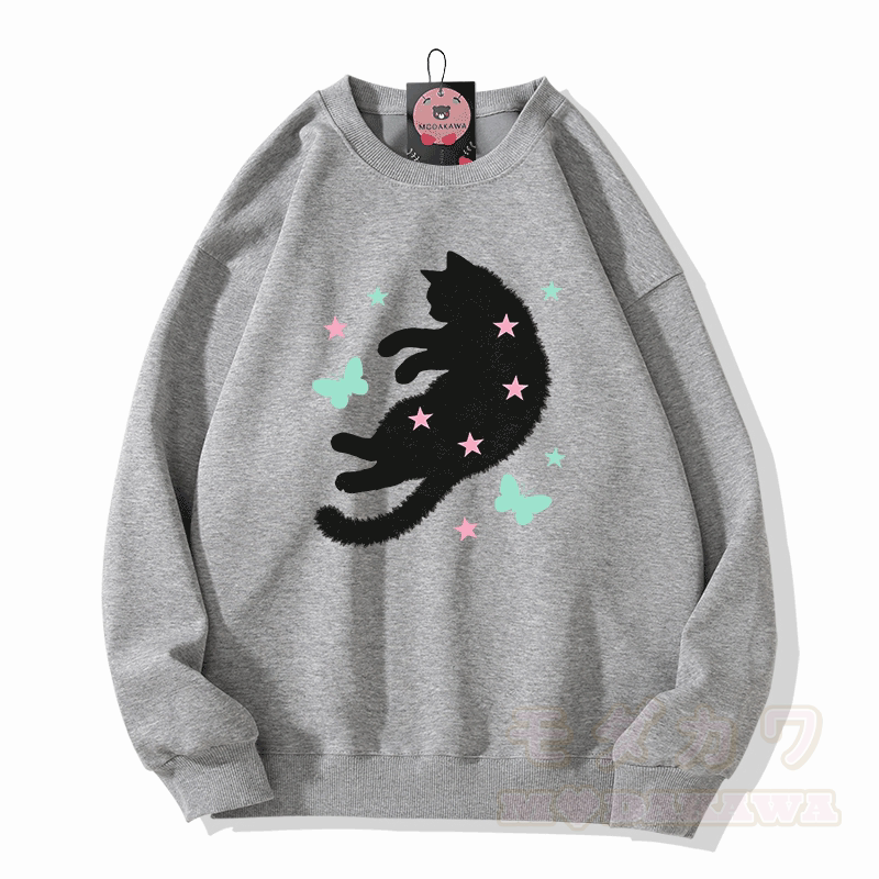 Modakawa Sweatshirt mit Sternen-, Schmetterlings- und Katzenmotiv - Grau - 5XL - image 3