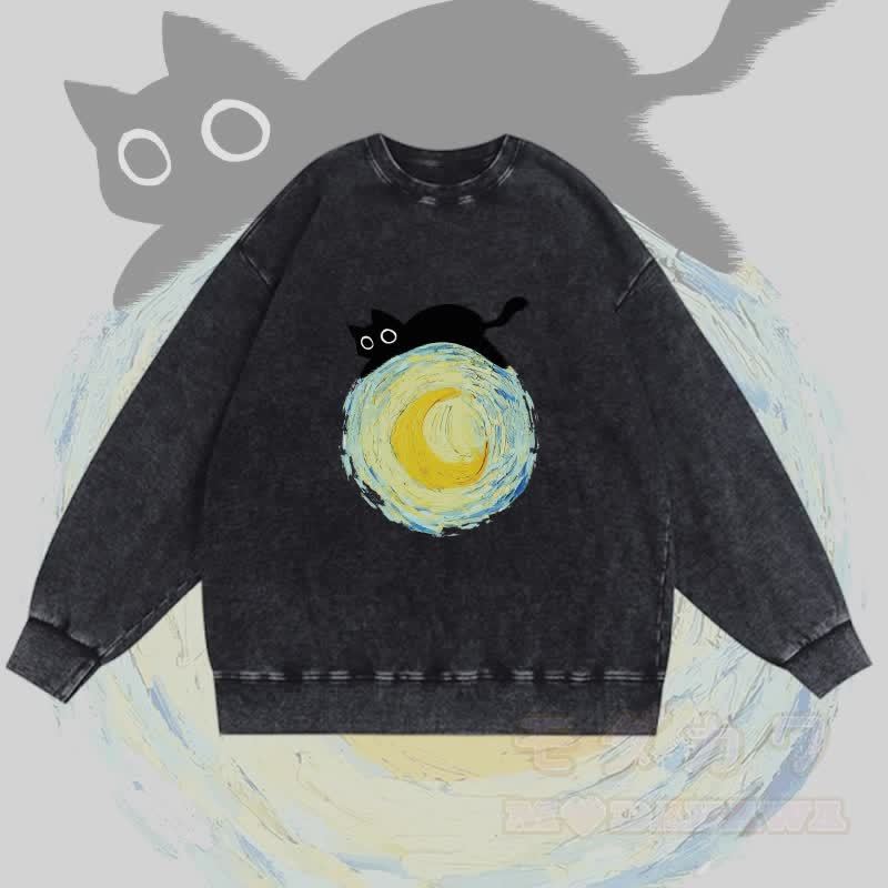 MODAKAWA Unisex-Sweatshirt mit Grafik „Schwarze Katze liegt auf dem Mond“ im Vintage-Stil - Schwarz - 3XL - image 4