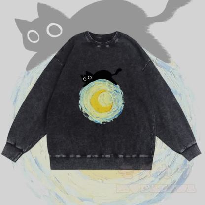 MODAKAWA Unisex-Sweatshirt mit Grafik „Schwarze Katze liegt auf dem Mond“ im Vintage-Stil - Schwarz - 3XL - image 4
