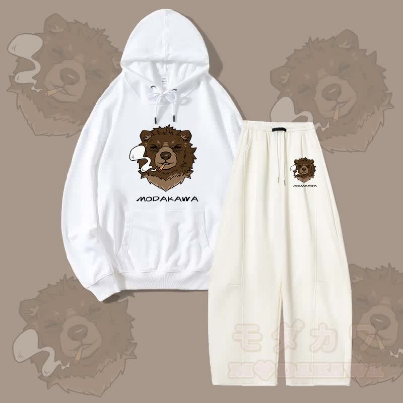 MODAKAWA Smoking Bear Grafik-Hoodie, weite Hose, zweiteiliges Set - Weiß - 5XL - image 4